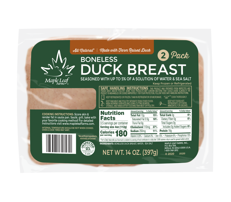 All Natural Boneless Duck Breast Ready Pack 2 Count Packs - 8 Per Case.