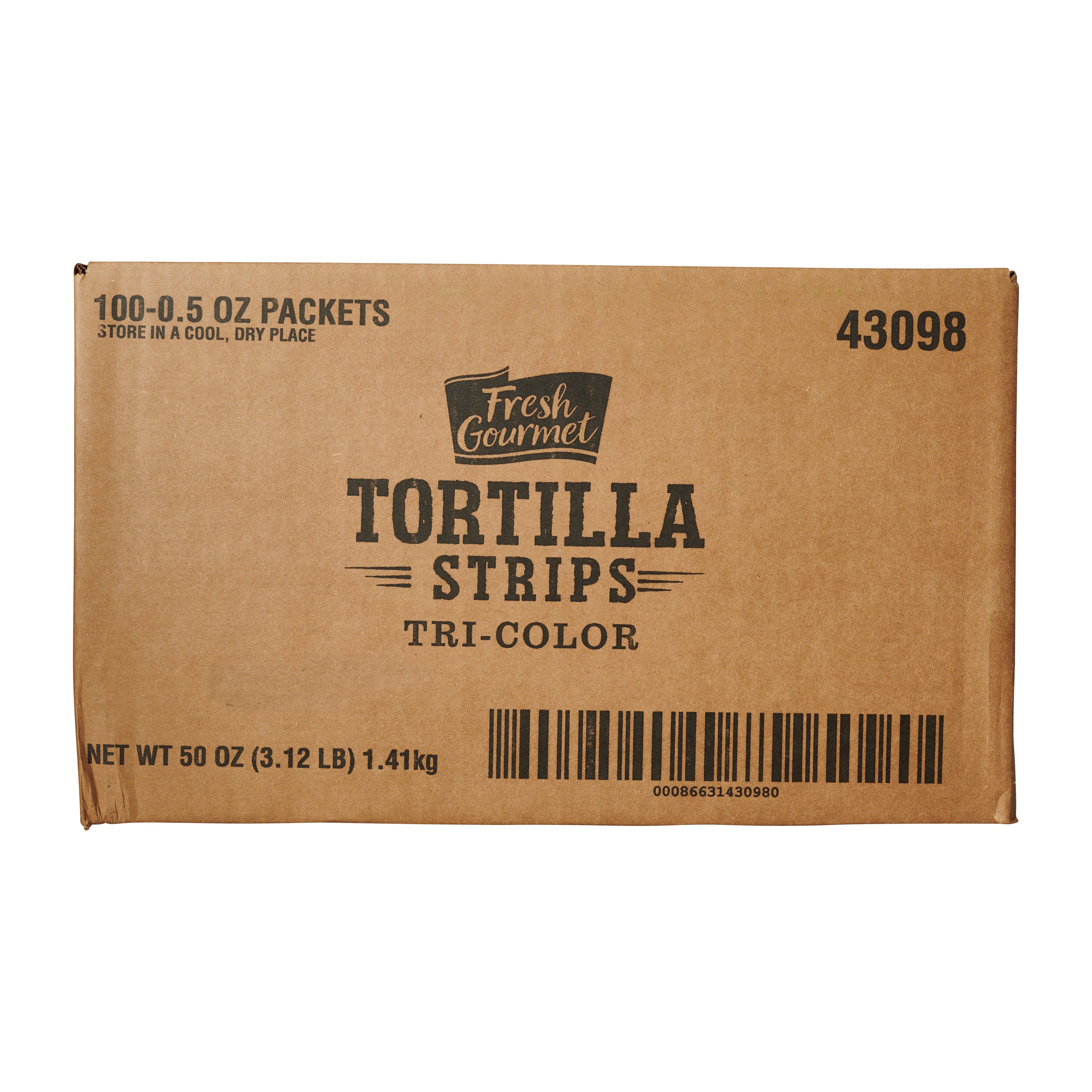 Fresh Gourmet Tortilla Strips Tri-Color 0.5 Ounce Size - 100 Per Case.