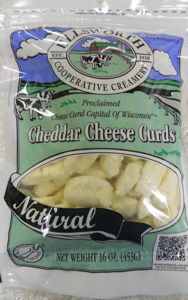 Ellsworth White Cheddar Cheese Curd 16 Ounce Size - 8 Per Case.