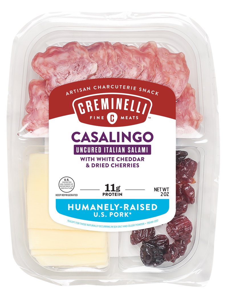 Sliced Casalingo White Cheddar & Cherries Snack Tray Casalingo Salami Paired With Creamy 2 Ounce Size - 12 Per Case.