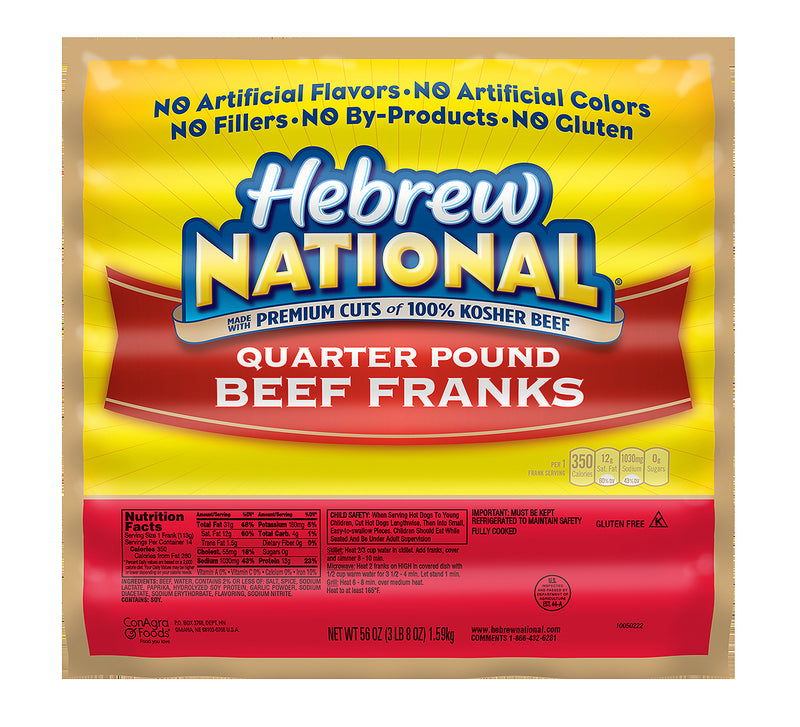 Hebrew National Quarter Franks 56 Ounce Size - 10 Per Case.