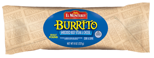 Burrito El Monterey Shredded Beef Steak And Cheese Individually Wrapped 8 Ounce Size - 12 Per Case.