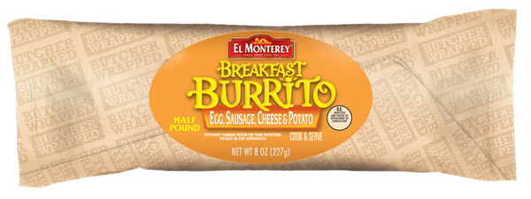 Burrito El Monterey Egg & Sausage Potato & Cheese 8 Ounce Size - 12 Per Case.