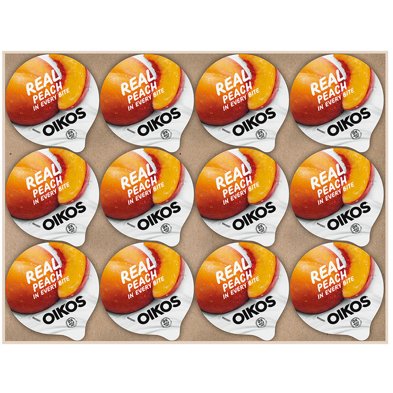 Oikos Dannon Core Peach Cups 5.3 Ounce Size - 12 Per Case.
