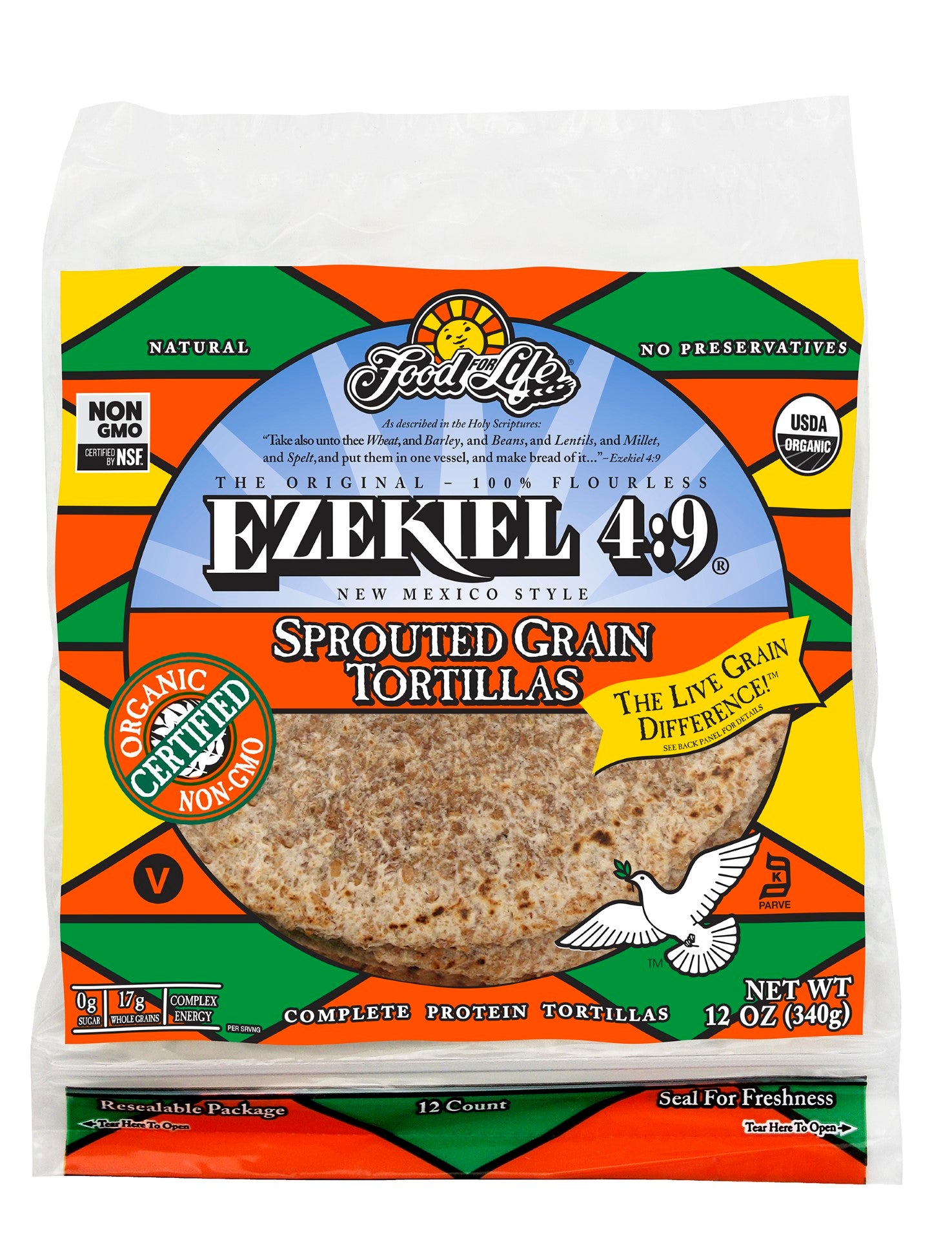Food For Life Organic Ezekiel Sprouted Whole Grain Tortillas 12 Ounce Size - 12 Per Case.
