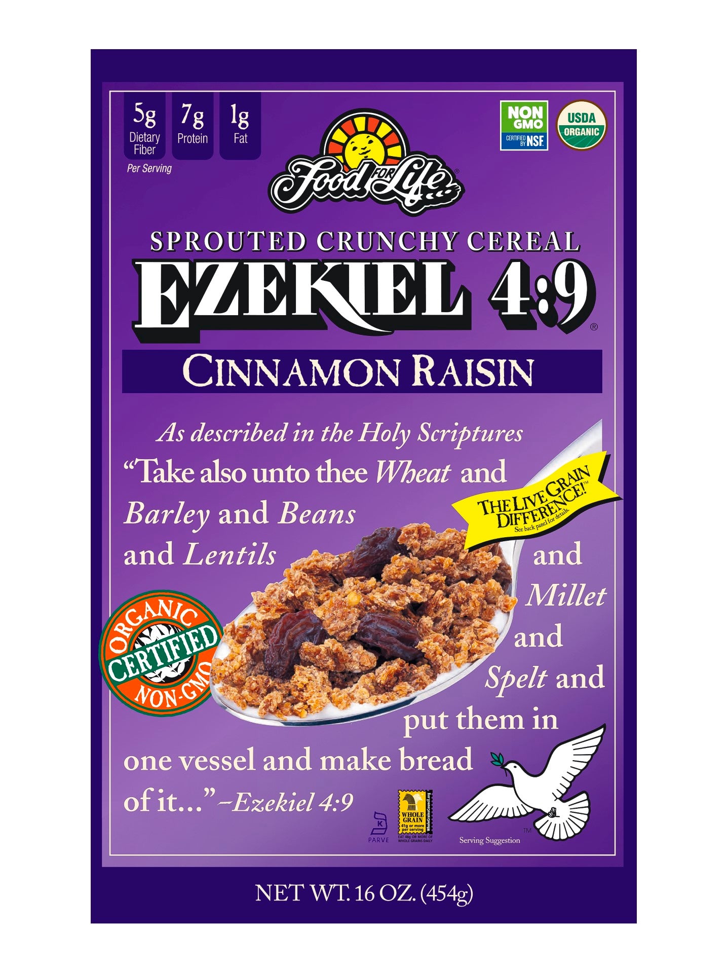 Food For Life Organic Ezekiel Sprouted Whole Grain Cinnamon Raisin Cereal 16 Ounce Size - 6 Per Case.