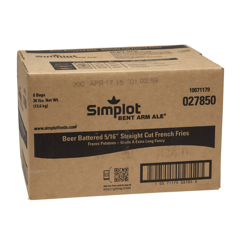 Simplot Bent Arm Ale 6" Beer Battered Straight Cut Fries Skin On 5 Pound Each - 6 Per Case.