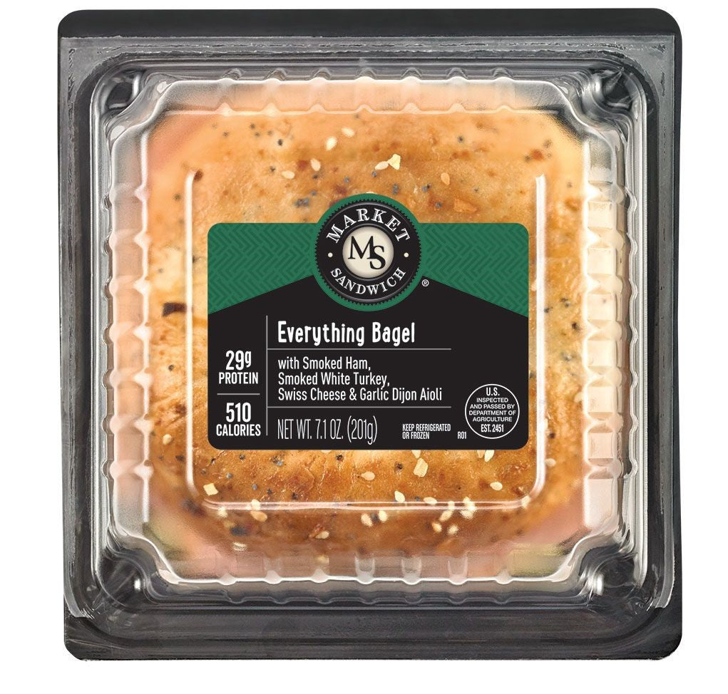 Market Sandwich Everything Bagel, Ham, Turkey, Swiss Cheese, And Garlic Dijohn Aioli Sandwich 7.1 Ounce Size - 8 Per Case.