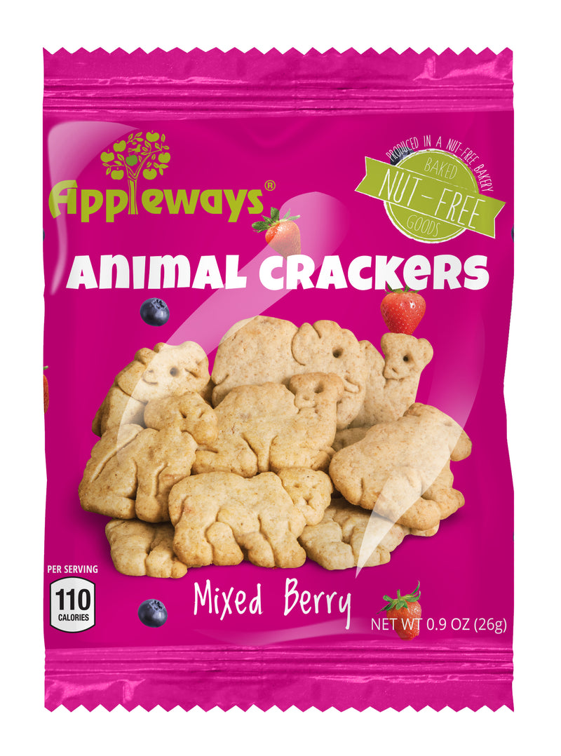 Appleways Whole Grain Mixed Berry Animal Crackers Individually Wrapped 1 Count Packs - 108 Per Case.