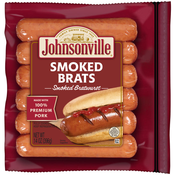 Johnsonville Cooked Smoked Pork Sausage Bratwurst Links Packagect 14 Ounce Size - 10 Per Case.