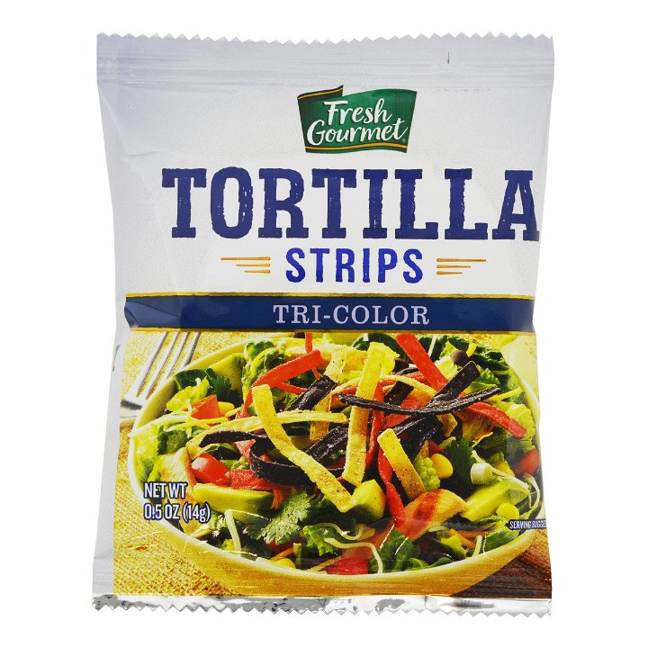 Fresh Gourmet Tortilla Strips Tri-Color 0.5 Ounce Size - 100 Per Case.
