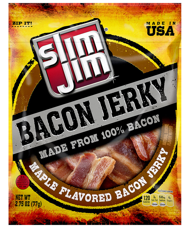 Slim Jim Bacon Jerky Maple Flavor Bag 2.75 Ounce Size - 8 Per Case.