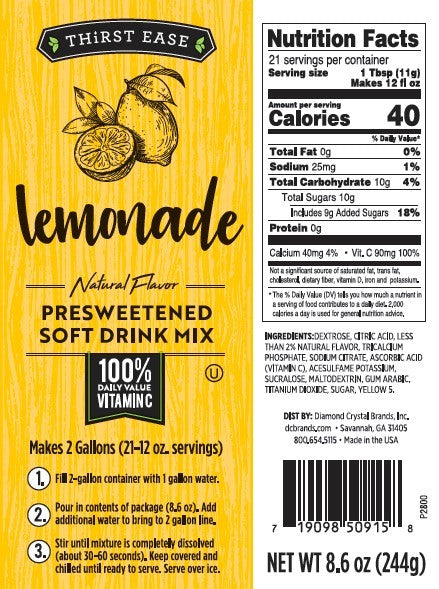 Thirst Ease Drink Mix Lemonade 8.6 Ounce Size - 12 Per Case.