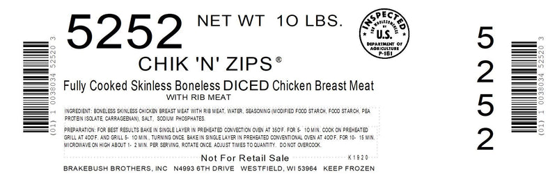 Chicken Fully Cooked Chik'n'zips® Diced Breast 5 Pound Each - 4 Per Case.