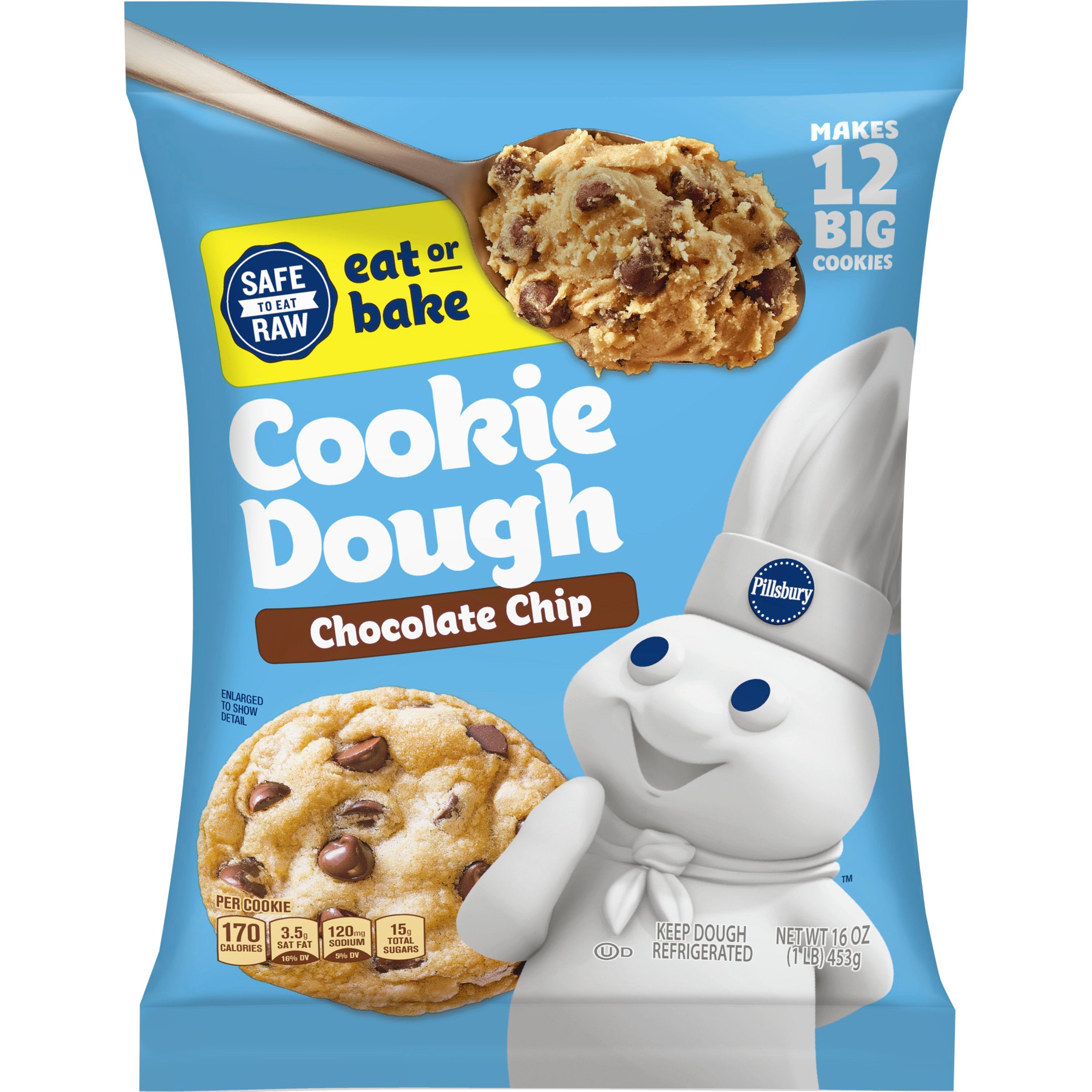 Pillsbury Ready To Bake Chocolate Chip Cookie Dough 16 Ounce Size - 12 Per Case.