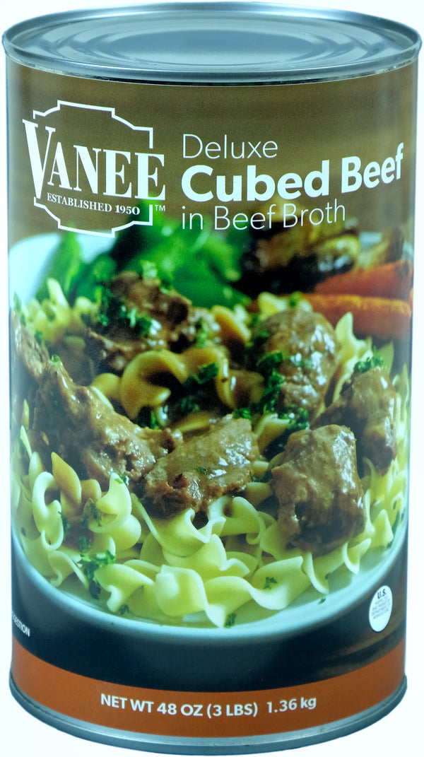 Deluxe Cubed Beef In Broth 48 Ounce Size - 6 Per Case.
