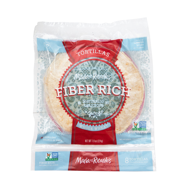 Maria & Ricardo's Whole Wheat Plus Fiber Rich Tortillas 6 Inch 8 Count Packs - 16 Per Case.