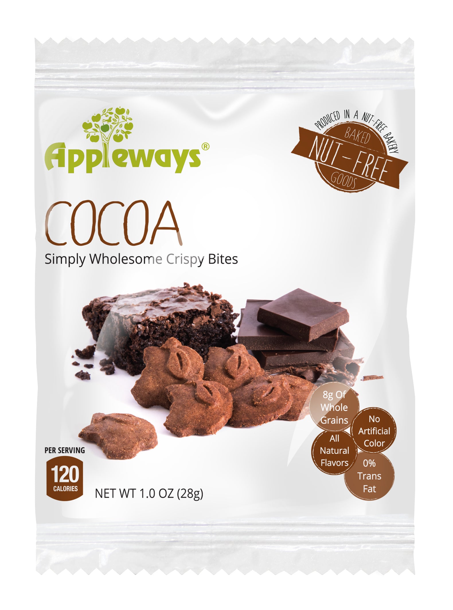 Appleways Whole Grain Cocoa Crispy Bites Individually Wrapped 1 Count Packs - 108 Per Case.