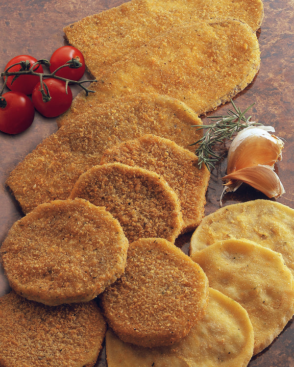 Breaded 8" Skin On Round Eggplant Cutlets 5 Pound Each - 2 Per Case.