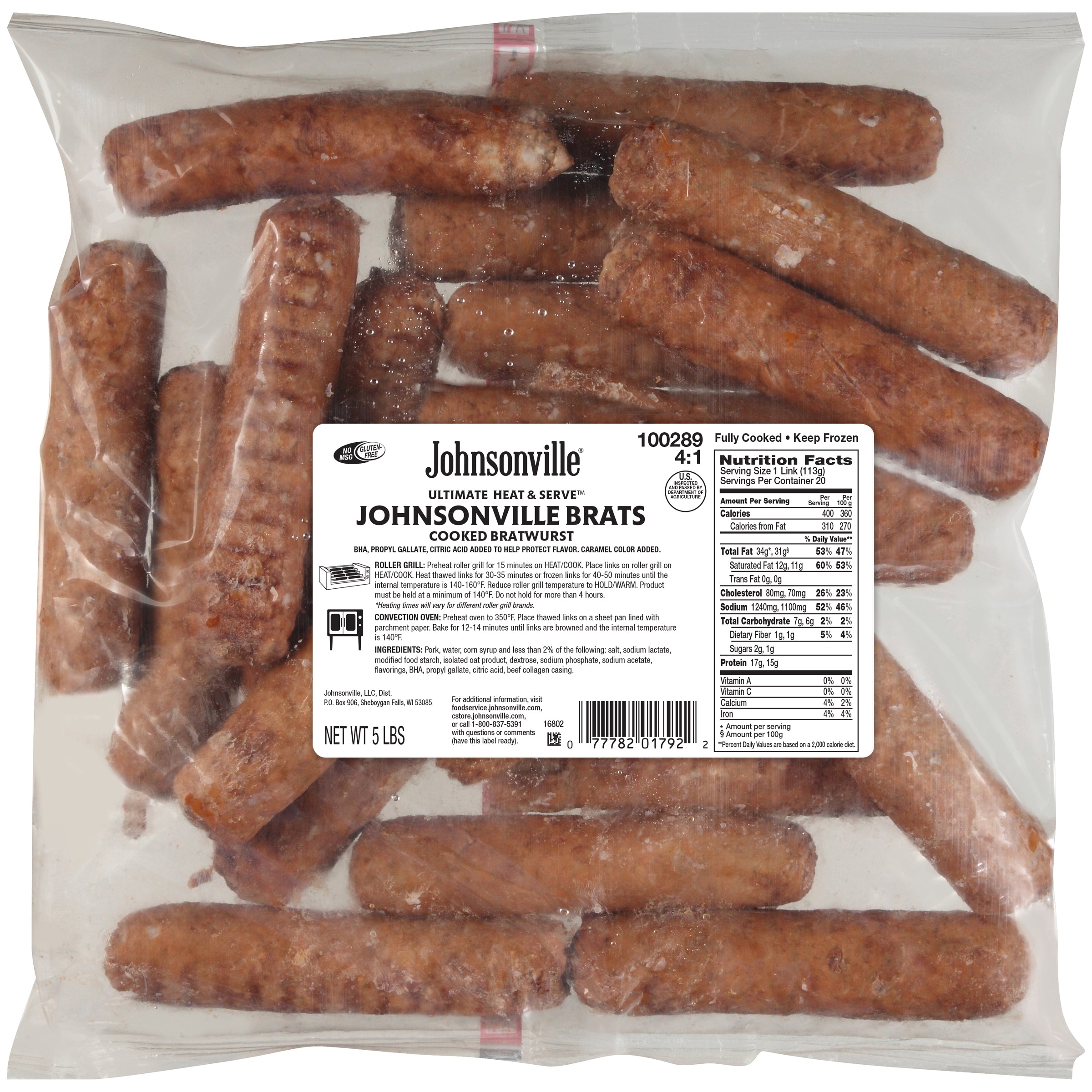 Johnsonville Cooked Bratwurst Pork Sausage Links Food Service 5 Pound Each - 2 Per Case.
