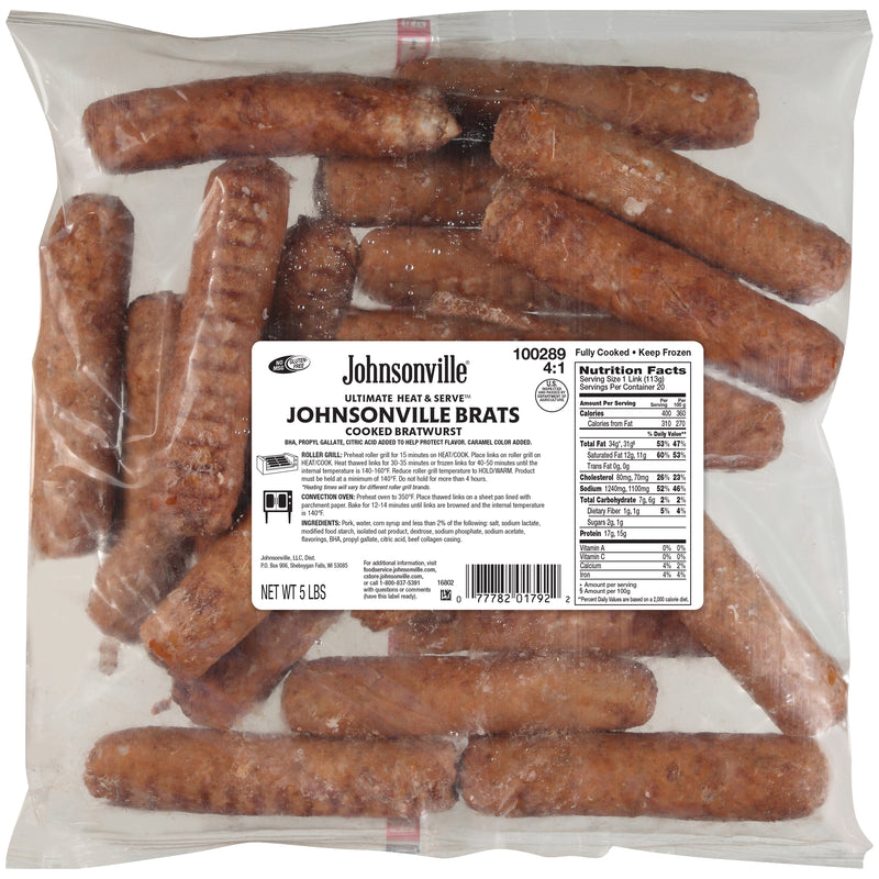 Johnsonville Cooked Bratwurst Pork Sausage Links Food Service 5 Pound Each - 2 Per Case.