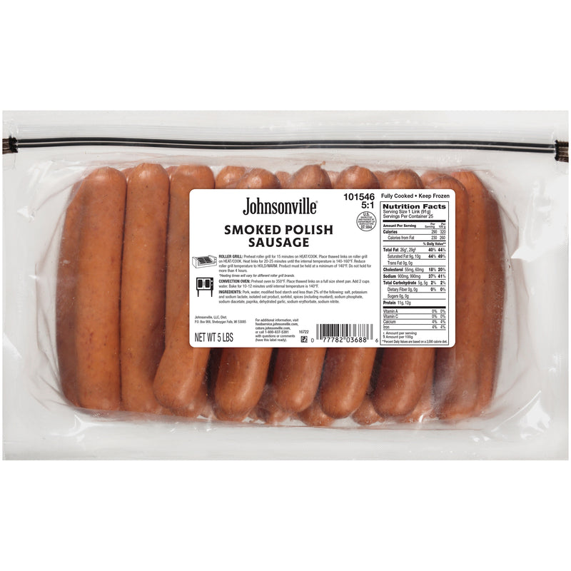 Johnsonville Cooked Skinless Polish Pork Sausage Links Pound Packagect Food Service 5 Pound Each - 2 Per Case.