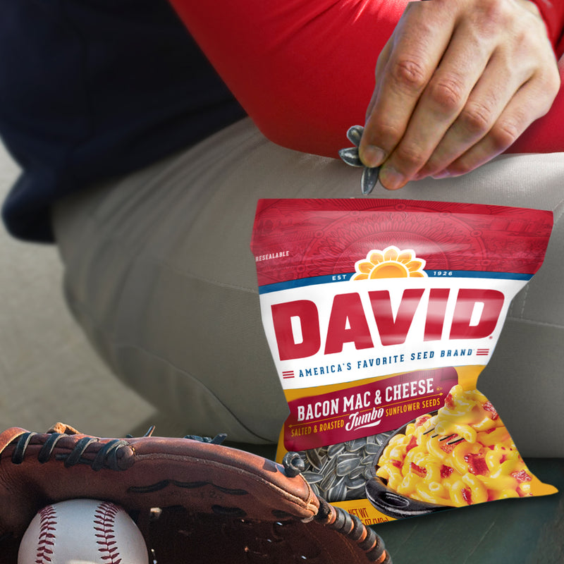 David Roasted And Salted Bacon Mac & Cheese Jumbo Sunflower Seeds Keto Friendly 5.25 Ounce Size - 12 Per Case.