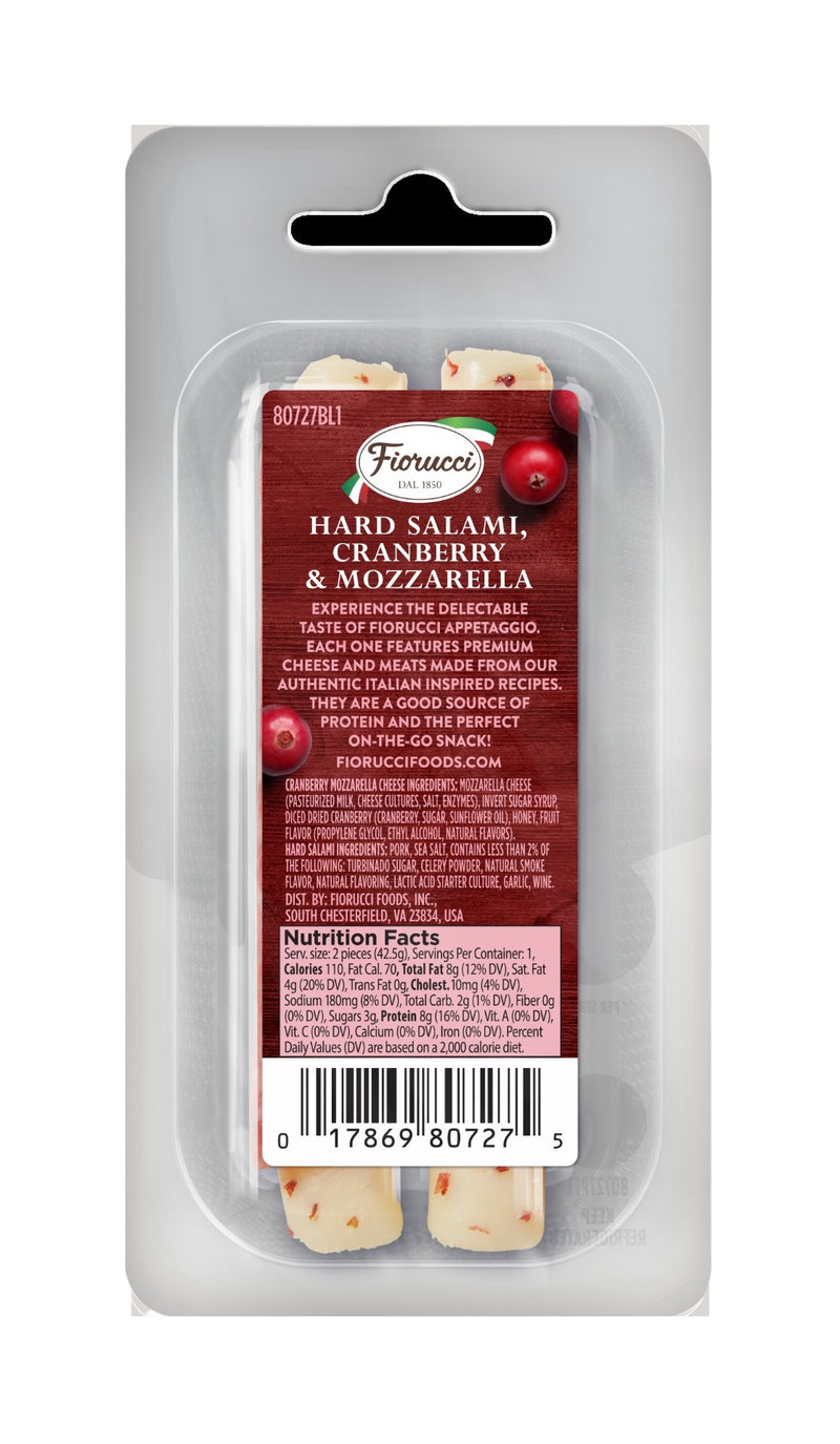 Fiorucci All Natural Hard Salami Cranberry& Mozzarella Appetaggio Sleeves Of 1.5 Ounce Size - 16 Per Case.