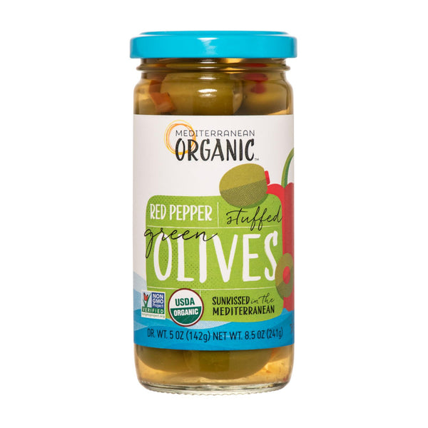 Mediterranean Organic Organic Stuffed Green Olives Red Peppers - Case of 12 - 8.5 Ounce