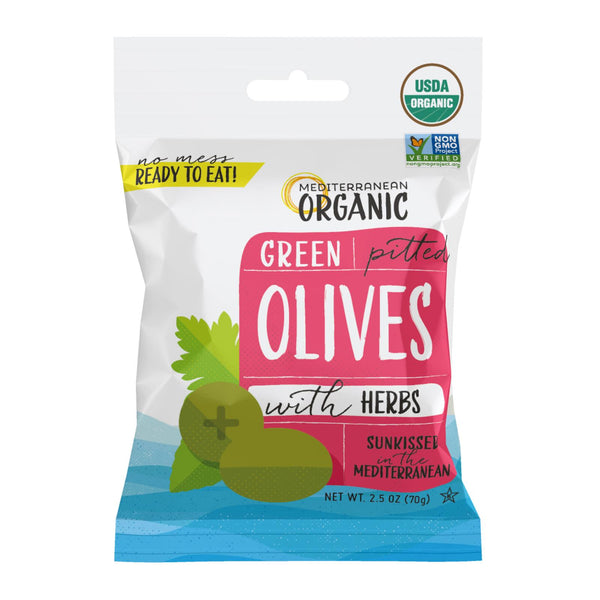 Mediterranean Organic Organic Green Pitted Olives with Herbs - Case of 12 - 2.5 Ounce