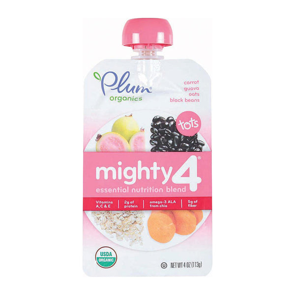 Plum Organics Mighty 4 Blends Tots - Guava Pomegranate Black Bean Carrot and Oat - Case of 6 - 4 Ounce.