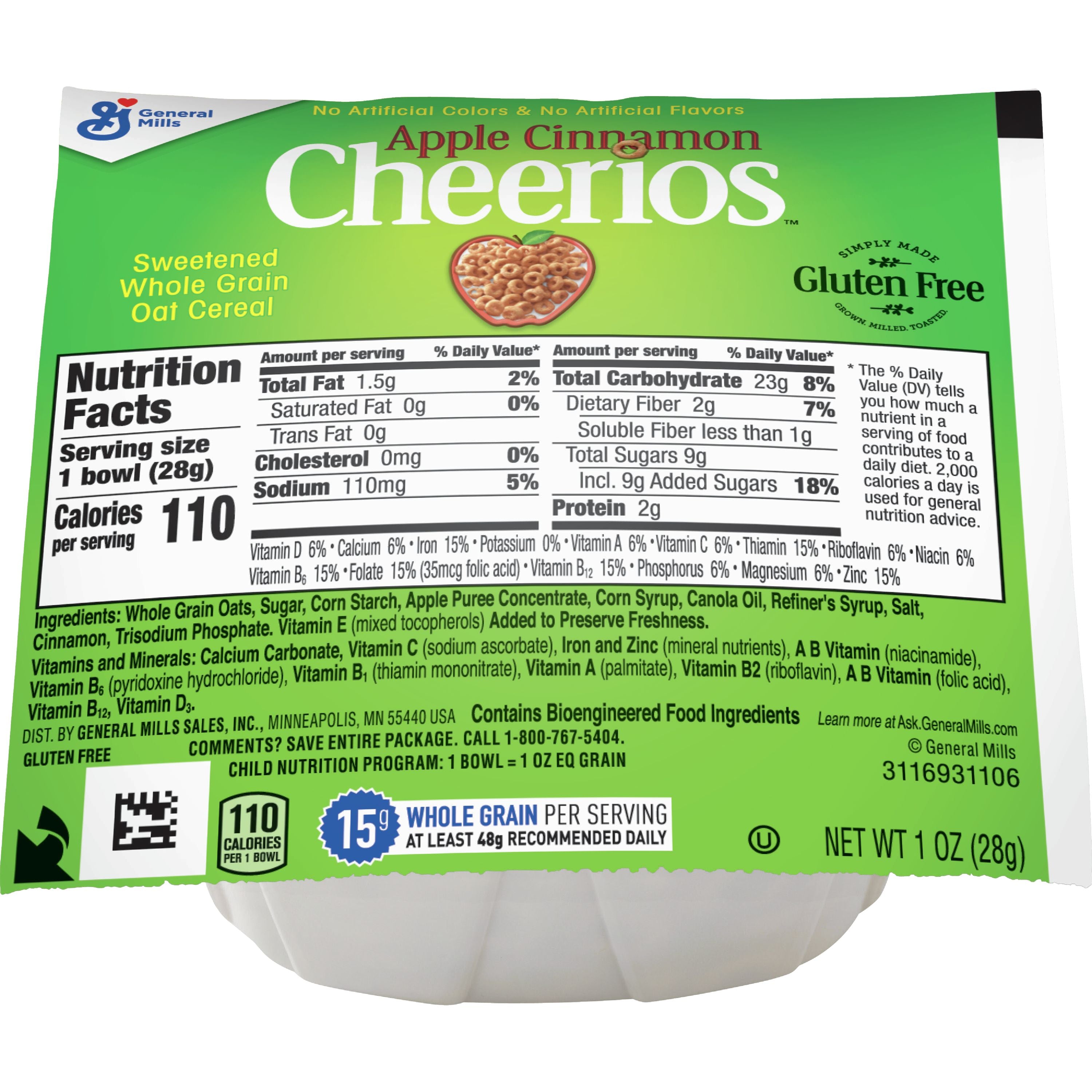 Cereal Bowl Pak Apple Cinnamon Cheerios 1 Ounce Size - 96 Per Case.