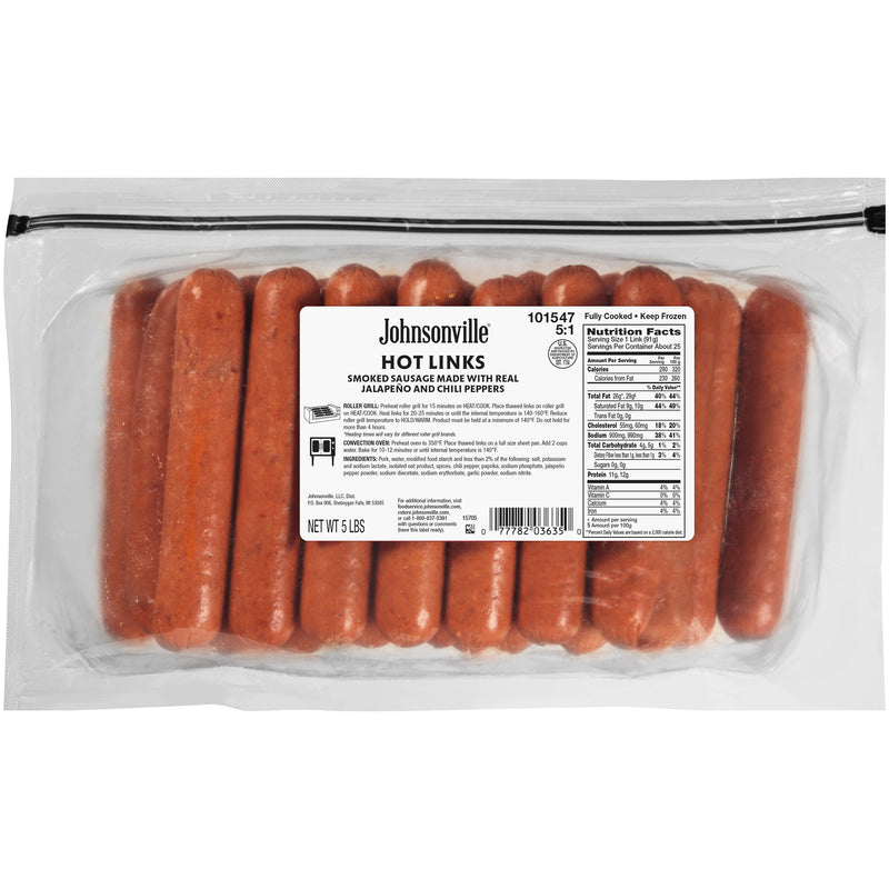 Johnsonville Cooked Skinless Hot Pork Sausagelinks Food Service 5 Pound Each - 2 Per Case.