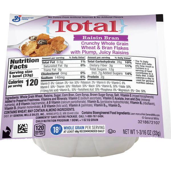 Total™ Raisin Bran Cereal Single Serve Bowlpak 1.19 Ounce Size - 96 Per Case.