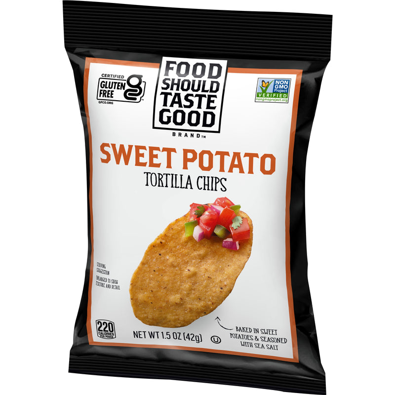 Food Should Taste Good™ Tortilla Chips Single Serve Sweet Potato 1.5 Ounce Size - 24 Per Case.