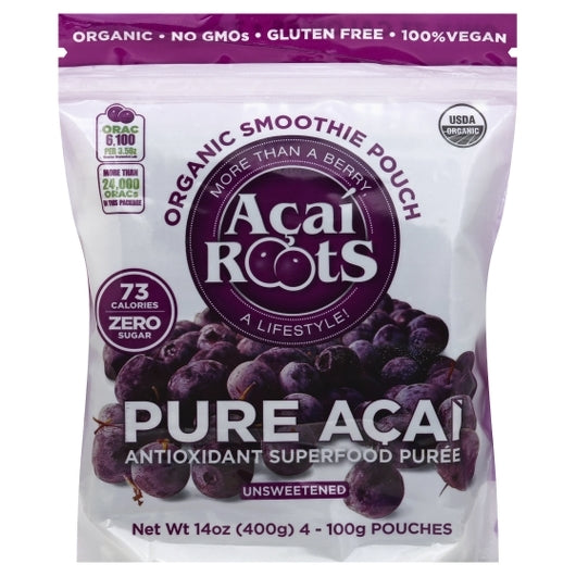 Acai Roots Acai Pure Pouches Organic Premium 4 Count Packs - 16 Per Case.