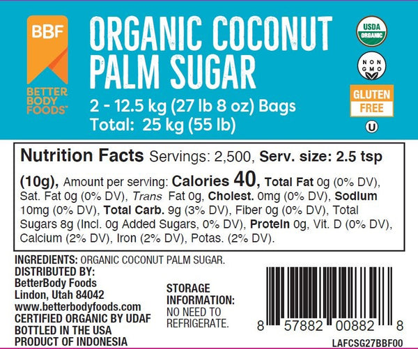 Betterbody Foods Organic Coconut Sugar 55 Pound Each - 1 Per Case.