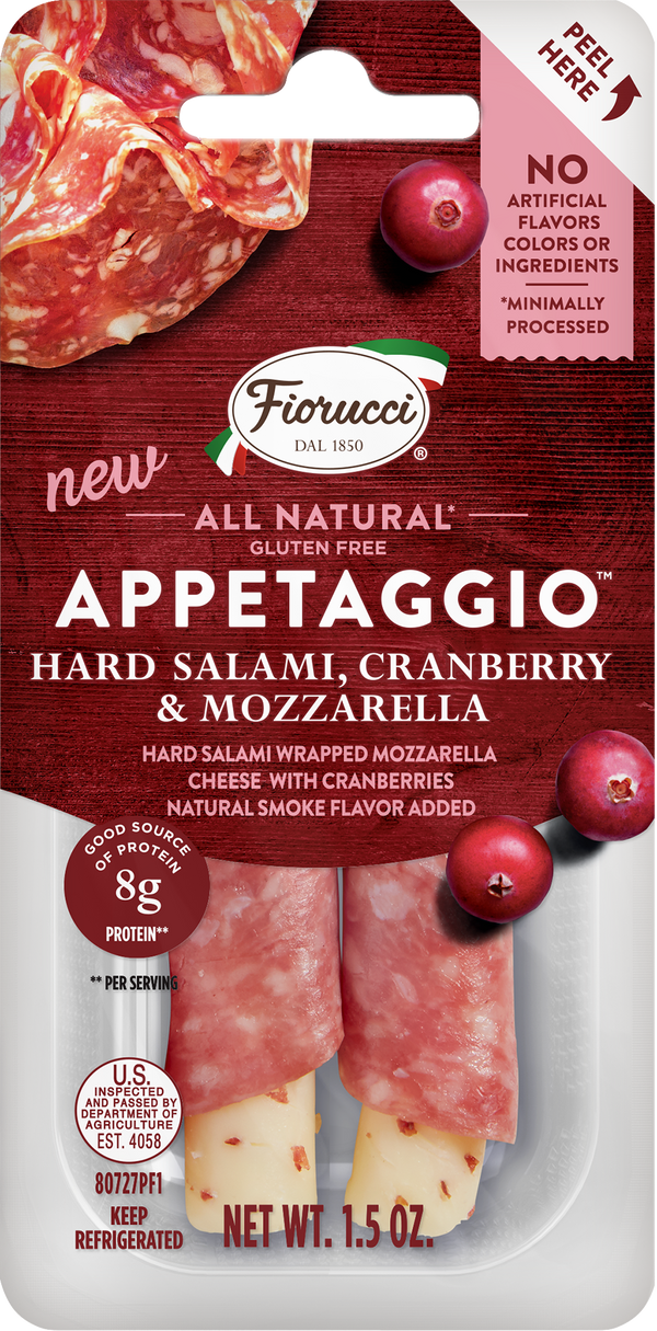 Fiorucci All Natural Hard Salami Cranberry& Mozzarella Appetaggio Sleeves Of 1.5 Ounce Size - 16 Per Case.