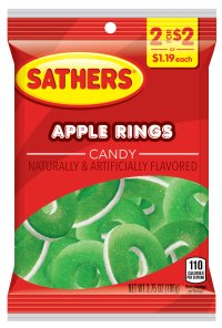 Sathers Apple Rings Gummies Peg 3.75 Ounce Size - 12 Per Case.