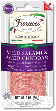 Fiorucci Mild Salami With Aged White Cheddar = Sleeves Of Each P 2 Ounce Size - 12 Per Case.
