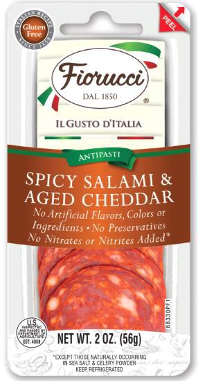 Fiorucci Spicy Salami With Aged Cheddar It Contains Packages With Individual Snac 2 Ounce Size - 12 Per Case.