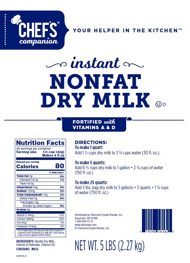 Chefs Companion Non Fat Dry Milk Instant 5 Pound Each - 6 Per Case.