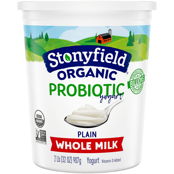 Stonyfield® Organic Plain Whole Milk Probiotic Yogurt Tub 32 Ounce Size - 6 Per Case.