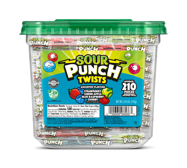 Sour Punch Twists Flavor Individually Wrapped Casejar 2.59 Pound Each - 6 Per Case.