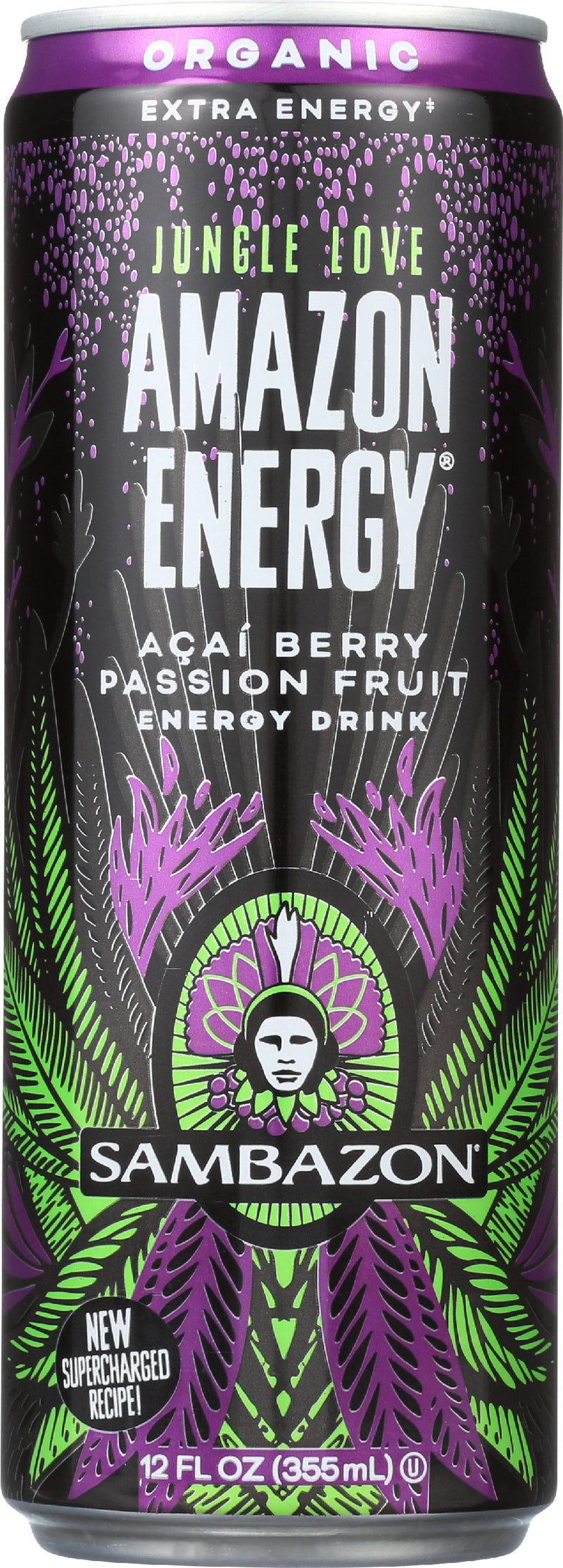 Sambazon Jungle Love Amazon Energy Acai Berry Passionfruit Energy Drink Organic 12 Fluid Ounce - 12 Per Case.