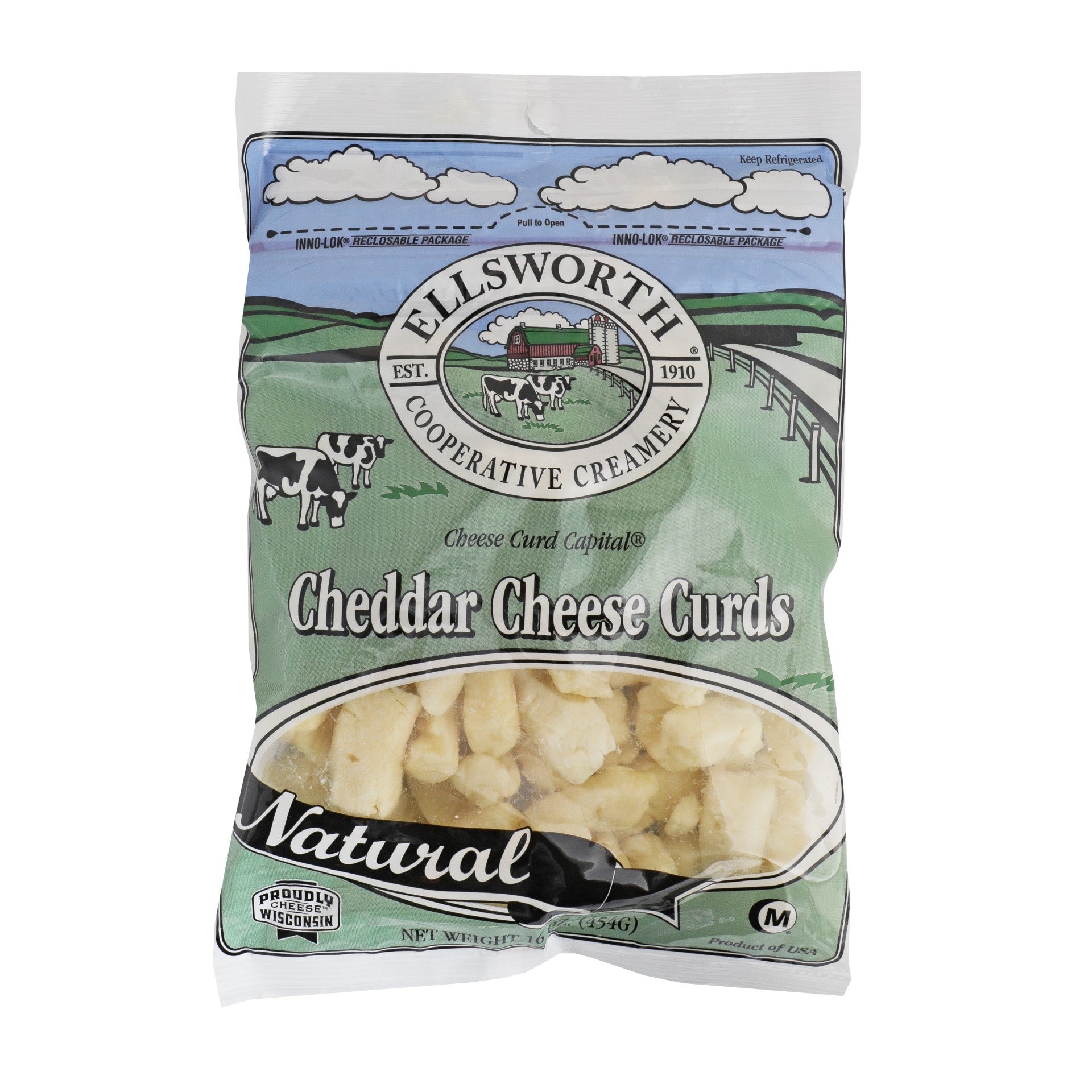 Ellsworth White Cheddar Cheese Curd 16 Ounce Size - 8 Per Case.
