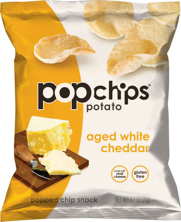 Popchips Aged White Cheddar Potato Chip Snack 0.7 Ounce Size - 24 Per Case.