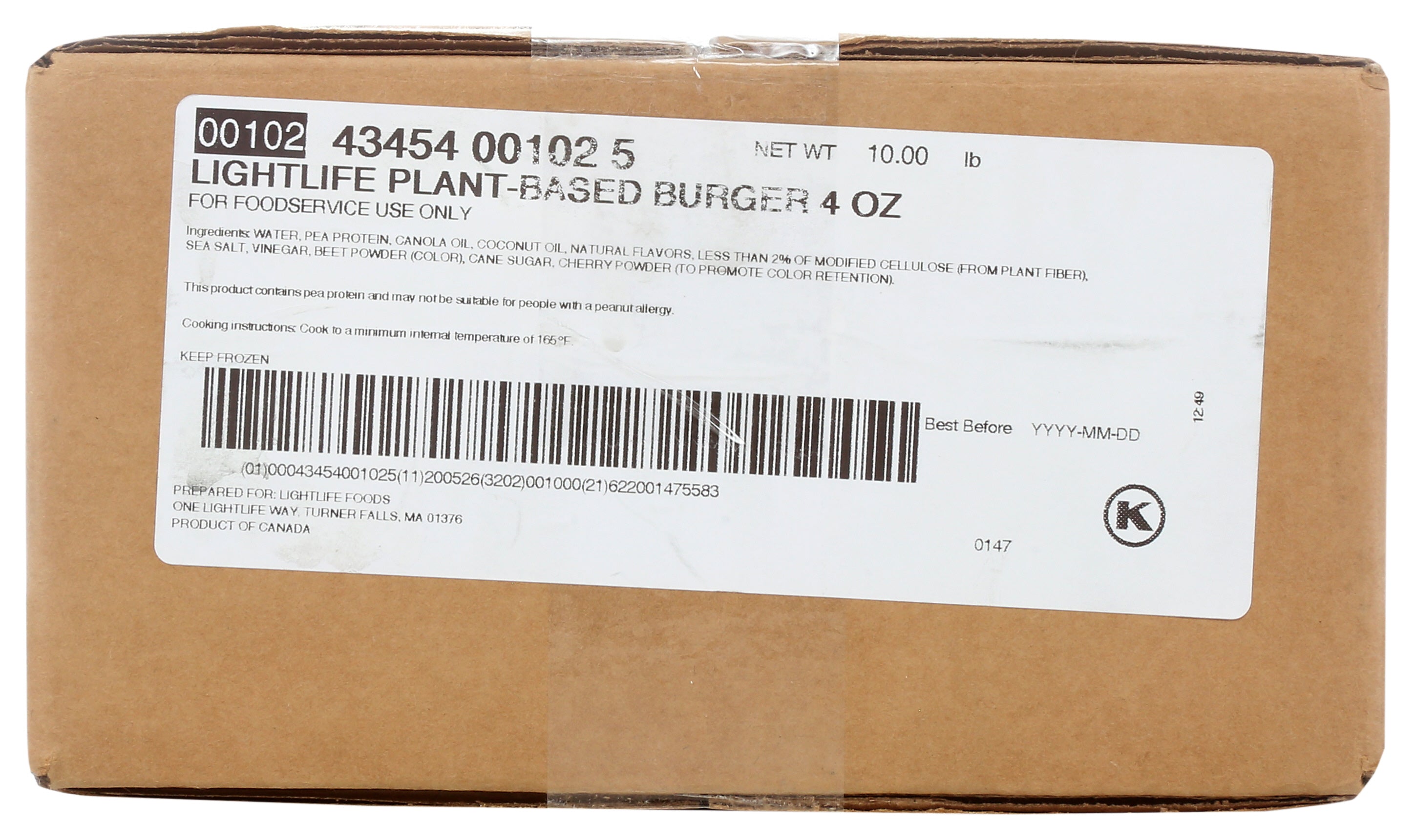 Lightlife Burger 10 Pound Each - 1 Per Case.