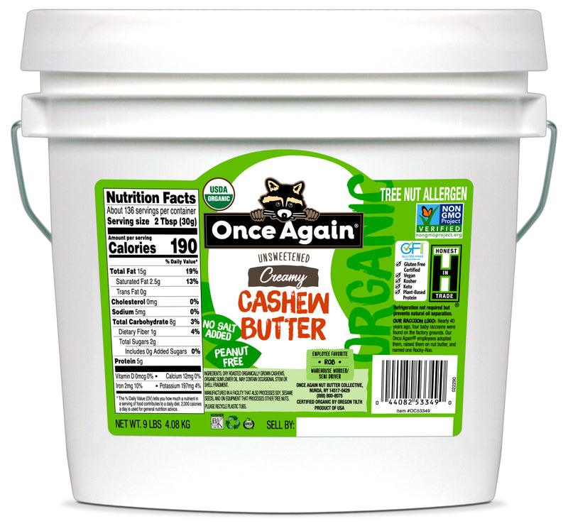 Once Again Nut Butter Organic Cashew Butter 9 Pound Each - 1 Per Case.