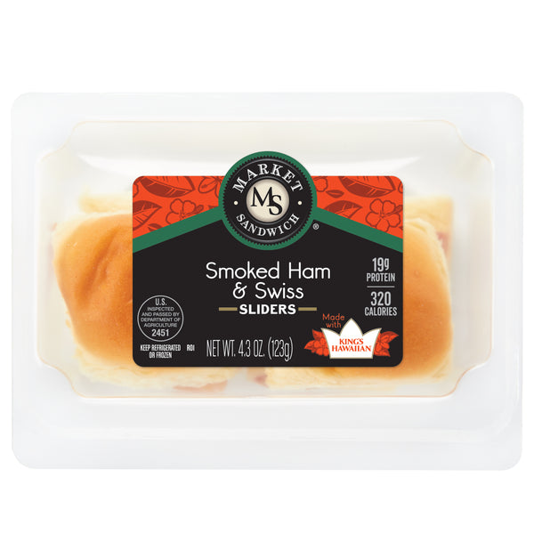 Market Sandwich Smoked Ham And Swiss Sliders 4.3 Ounce Size - 8 Per Case.